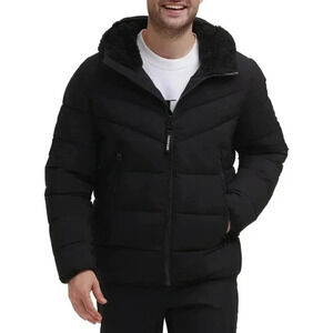 ❤️ Calvin Klein mens Winter Coat -  Puffer Stretch Jacket With Sherpa Hood-Ebony